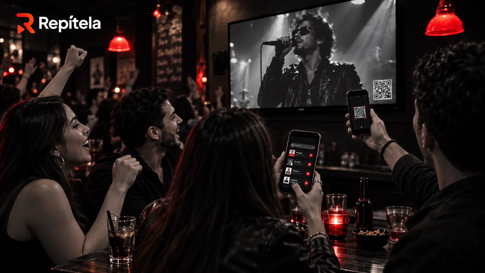 Clientes de un bar escaneando el código QR de Repítela para pedir música desde sus celulares