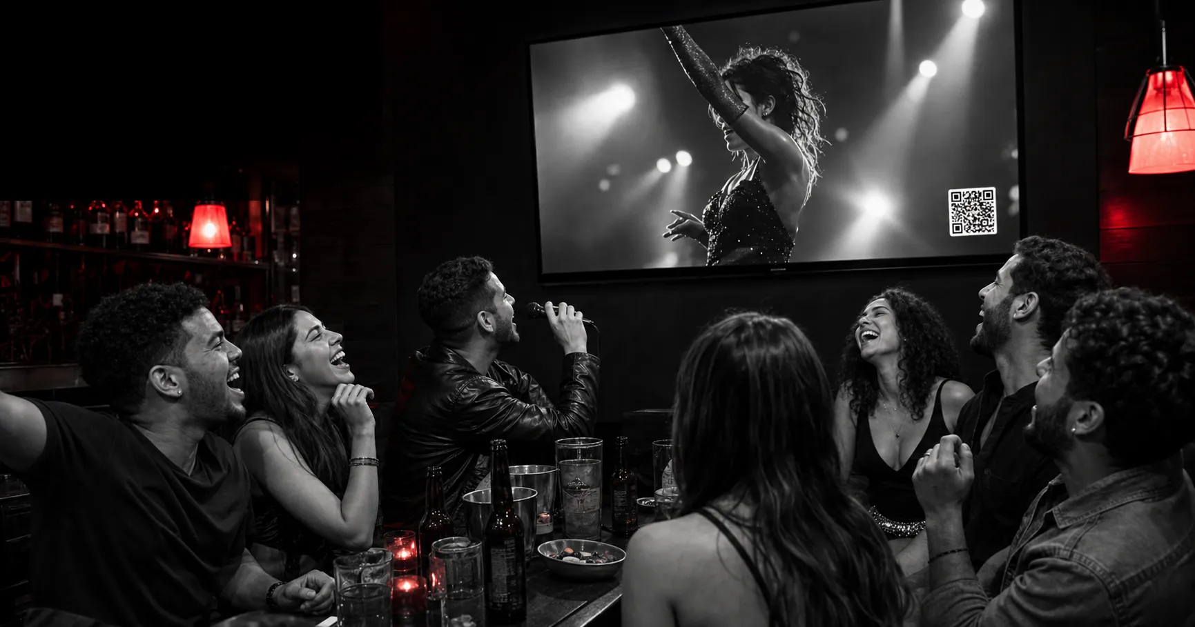 Parche cantando y viendo un video musical con Repítela en un gastrobar