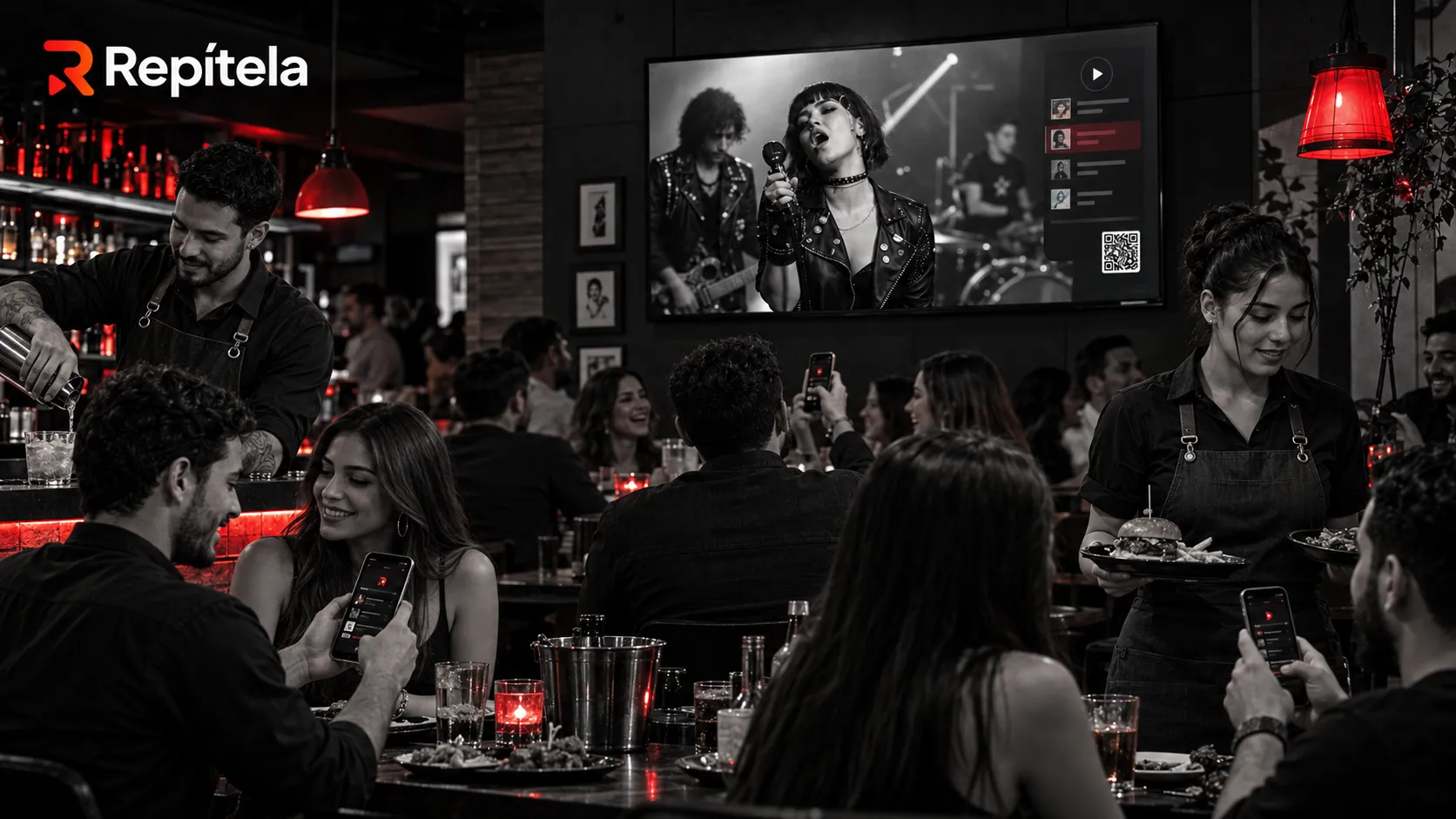 Meseros atendiendo un bar mientras los clientes piden música con Repítela desde sus celulares