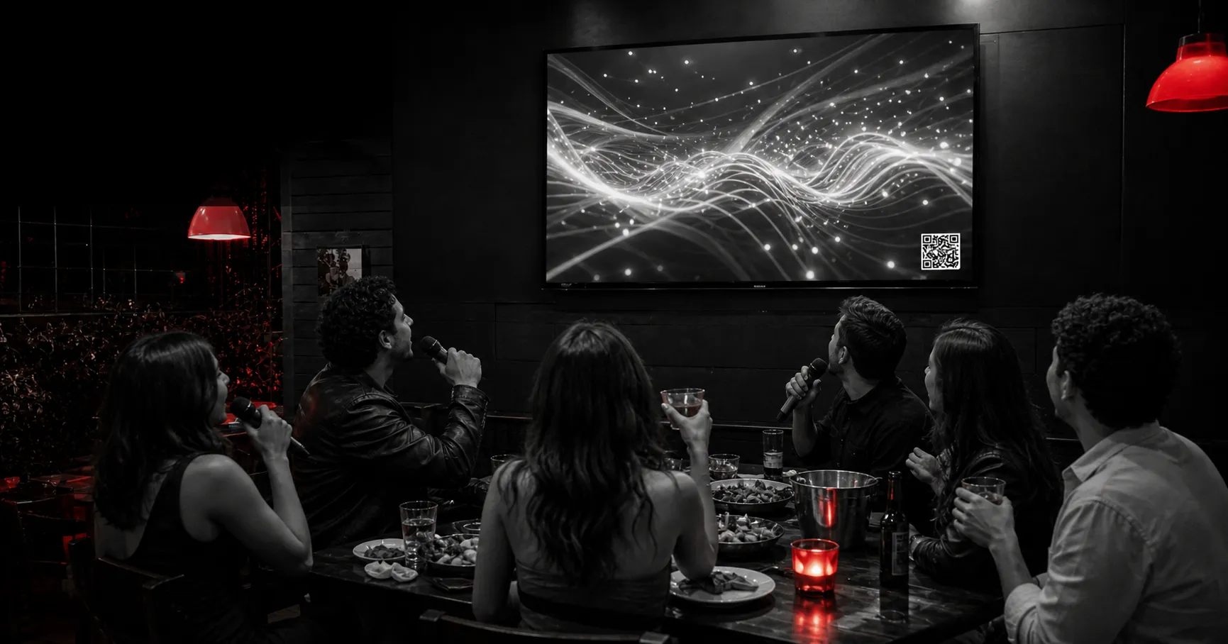 Amigos viendo un video musical de Repítela en un gastrobar de Bogotá