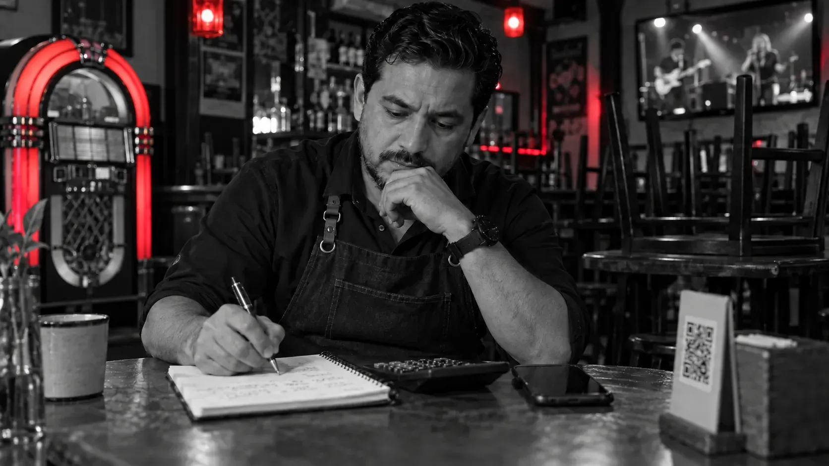 Dueño de un bar revisando una libreta y una calculadora junto a una rockola con detalles rojos